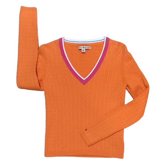 🔥EUC RARE COLOR TOMMY HILFIGER VINTAGE V-NECK CABLE KNIT SWEATER BEAUTIFUL - Picture 2 of 9